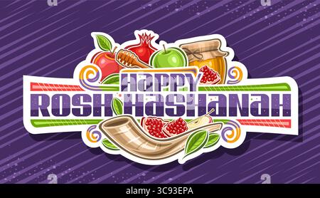 Logo vettoriale per Rosh Hashanah, badge decorativo in carta tagliata con simboli hashanah con disegno a fumetti - pappagallo al miele e pezzi di frutta dolce, striscione con disordine Illustrazione Vettoriale