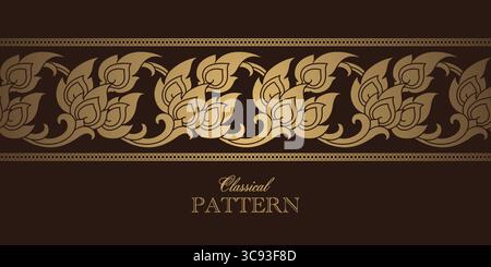 Elegante motivo decorativo tailandese con bordo senza cuciture a pergamena dorata per decorazioni, stampe, inviti, stampa in tessuto, texture in tessuto. Illustrazione Vettoriale