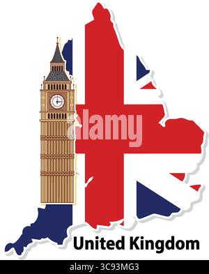 Illustrazione vettoriale del Big Ben con mappa del Regno Unito a colori delle bandiere. Composizione vivace e audace con contorni chiari Illustrazione Vettoriale