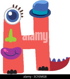 Illustrazione vettoriale colorata di un mostro stravagante a forma di lettera H, caratterizzato da colori vivaci ed elementi di design divertenti Illustrazione Vettoriale