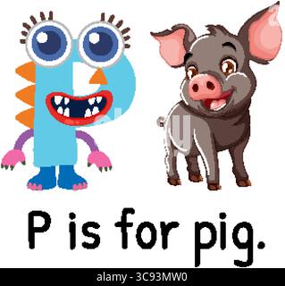 Illustrazione vettoriale colorata della lettera P con un maiale cartoni animati. Design luminoso e accattivante, ideale per materiali didattici Illustrazione Vettoriale