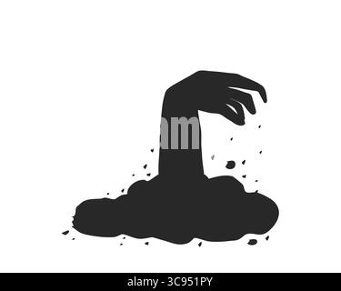 Spaventosa silhouette a mano zombie che si solleva da terra la notte di Halloween. Elemento horror vettoriale per un design spaventoso. Spaventosa sagoma della mano di Halloween che arriva dal suolo del cimitero. Illustrazione vettoriale Illustrazione Vettoriale