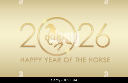 2026, l'anno del cavallo, modello di biglietto di auguri per il capodanno vettoriale con Una sagoma del cavallo rampante su sfondo Champagne Gold. Illustrazione Vettoriale