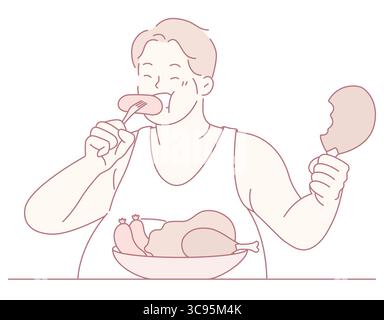 Un uomo allegro è felice di concedersi un sostanzioso pasto di pollo, mostrando la sua vera passione per il cibo delizioso Illustrazione Vettoriale