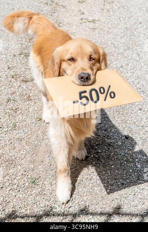 Il corriere consegna un pacco con il 50% di sconto Foto Stock