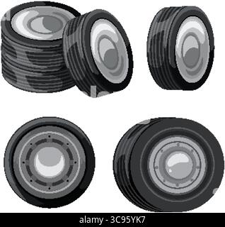 Illustrazione vettoriale dettagliata degli pneumatici delle auto in diverse prospettive, con texture realistiche e sfumature di nero e grigio Illustrazione Vettoriale