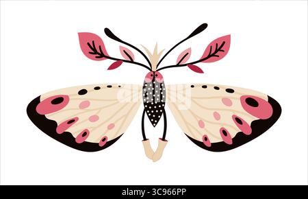 Butterfly Vector carino cartone animato che raffigura un personaggio divertente. Una falena felice con corona e stivali in rosa crema e nero. Ottimo per libri di bambini o. Illustrazione Vettoriale
