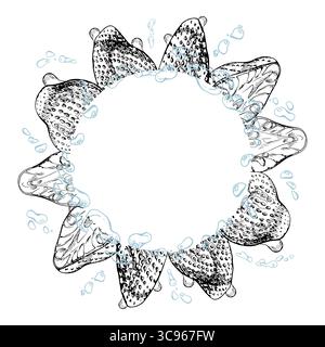 Fragole piene e tagliate a mezza corona volando con spruzzi d'acqua, gocce di rugiada disegnate a mano con inchiostro vettoriale. Fragola matura di pineberry da giardino Illustrazione Vettoriale