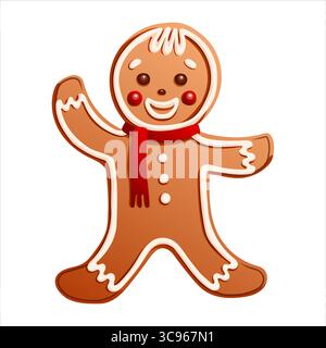 Vettoriale di biscotti di pan di zenzero in stile cartoni animati con sciarpa rossa e faccia felice. Tonalità marrone e rosso per un design festivo. Ideale per l'illustrazione di libri Illustrazione Vettoriale