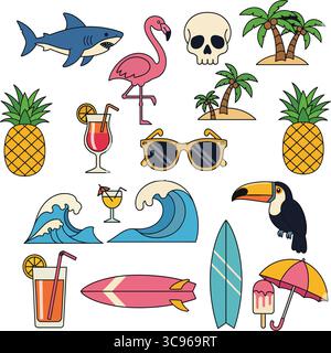 Questa vibrante illustrazione a tema tropicale presenta una divertente collezione di elementi, tra cui uno squalo, un fenicottero, un teschio, una palma. Illustrazione Vettoriale