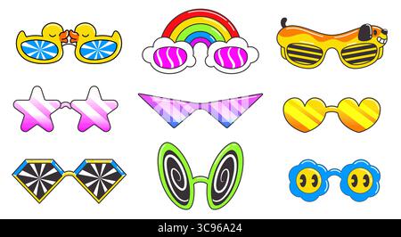 Collezione di occhiali da discoteca Groovy: Tonalità di anatra gialla, occhiali da sole con montatura hotdog, forme di stelle rosa, occhiali con nuvole di arcobaleno, cuori sfumati, diamanti blu e fiori sagomati per feste retrò. Illustrazione Vettoriale