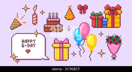 Elementi per festeggiare il compleanno dei pixel con cappello da festa, candela e torta, regali e palloncini per un design rétro. decorazioni natalizie a 8 bit con bolla di benvenuto, scatole regalo e bouquet di fiori. Illustrazione Vettoriale