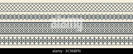 Motivi decorativi dei bordi con disegni celtici e irlandesi per cornici tradizionali. Motivi geometrici intrecciati in bande orizzontali continue. Divisori ornamentali Heritage. Ornamenti senza cuciture per funi. Illustrazione Vettoriale