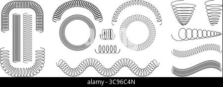 Set di molle elicoidali in linea, cerchio, arco e forme d'onda isolate su sfondo bianco. Spirali metalliche diverse. Sagome dei giocattoli Slinky. Parte della sospensione dell'auto. Illustrazione grafica vettoriale. Illustrazione Vettoriale