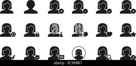 Set di icone Solid per la gestione dei profili utente. Interazione utente, Privacy e Impostazioni account silhouette Symbol Collection. Include Aggiungi, Rimuovi, Modifica e. Illustrazione Vettoriale