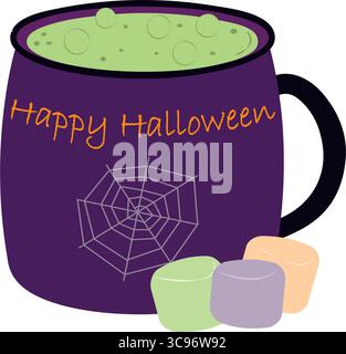 Tazza di strega viola di Halloween con pozione verde cubi di marshmallow e testo di Halloween felice su cobweb. Illustrazione vettore isolato icona adesivo contenuto correlato ad Halloween biglietti d'auguri, opuscoli, post Illustrazione Vettoriale