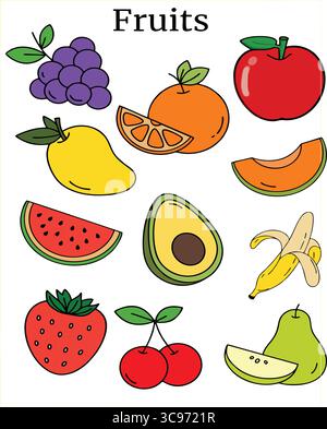 "Collezione di frutta colorata di cartoni animati - illustrazioni di frutta disegnate a mano per bambini e istruzione" Illustrazione Vettoriale