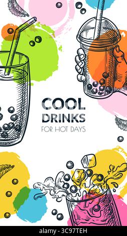 Banner verticale con bolle di tè e forme ad acquerello. Illustrazione dello schizzo disegnato a mano vettoriale. Drink boba di fondo alla moda per poster caffè, Sum Illustrazione Vettoriale