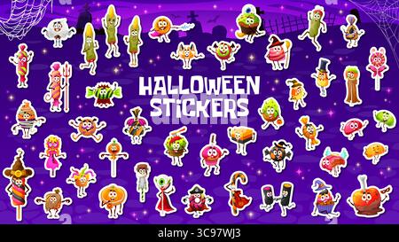 Confezione di adesivi con dolci, caramelle e dessert per le feste di Halloween. Le dita dolci e inquietanti di Halloween, marshmallow e cupcake, biscotti, caramelle di lecca pazza e mele adesivi vettoriali Illustrazione Vettoriale