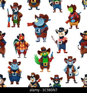 Cowboy e ladri di animali cartoni animati con motivo senza cuciture. Tessuti per bambini, carta da imballaggio vettoriale stampa senza cuciture con zebra, rinoceronte, tartaruga, gallo e toro, pappagallo, asino, personaggi dei cowboy dell'ippopotamo Illustrazione Vettoriale
