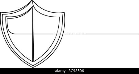 Disegno continuo di una linea dello scudo di sicurezza con un lucchetto. Simbolo di protezione, privacy e sicurezza informatica Illustrazione Vettoriale