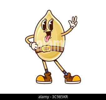 Cowboy con semi di zucca goffi di cartoni animati o personaggio di bandito. Cibo sano bandito selvaggio West o cowboy Groovy vettore personaggio allegro. Ranger western con semi di zucca, cowboy texano divertente mascotte retrò Illustrazione Vettoriale