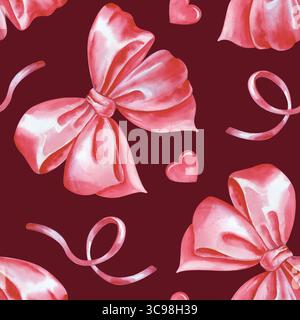 Motivo acquerello senza cuciture con archi, nastri e cuori rosa su sfondo rosso scuro. Sfondo senza cuciture con fiocchi, nastri e cuori per il tessuto Foto Stock