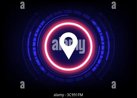 Moderna icona luminosa a forma di spillo su sfondo dell'interfaccia HUD digitale high-tech, che simboleggia GPS, tecnologia di navigazione e geolocalizzazione, illus vettoriale Illustrazione Vettoriale