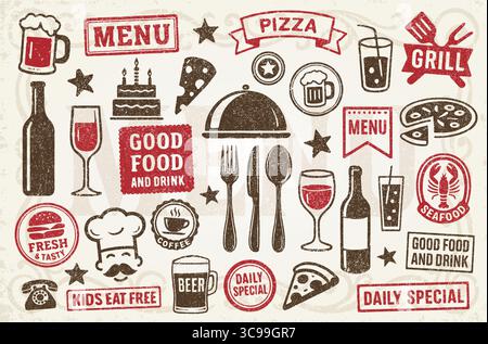 Icona del ristorante in stile vintage con stampa a inchiostro grunge. Include cibo, bevande, etichette e cartellonistica. Perfetto per menu, branding e stampa desi Illustrazione Vettoriale