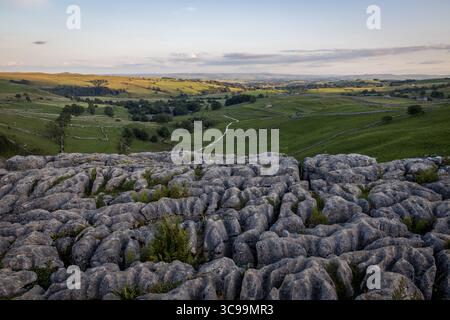 Una splendida vista dal famoso marciapiede calcareo in cima a Malham Cove nel Yorkshire Dales National Park in Inghilterra in una serata estiva. Foto Stock