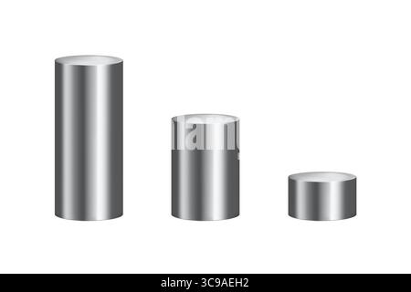 Set di podi rotondi in argento di diverse altezze isolati su sfondo bianco. Illustrazione vettoriale realistica. Illustrazione Vettoriale