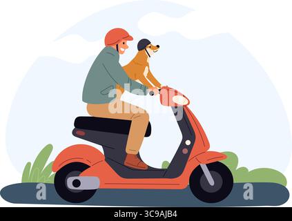 Giovane ragazzo in scooter con un cane che guida lungo la strada. Uomo che viaggia con un animale domestico. Cucciolo ciclomotore. Trasporto in veicolo. Tour in moto. Animale An Illustrazione Vettoriale