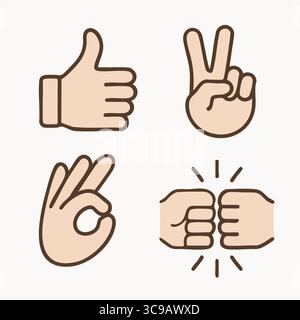 Icone piatte di un pollice in alto, segno di pace, segno di OK e colpo di pugno su sfondo bianco. Illustrazione Vettoriale