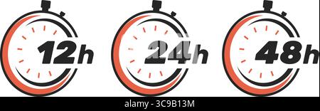Icona cronometro. Orologio con quadrante e numeri di 12, 24, 48 ore. Superficie del cromometro. Il conteggio dei minuti inizia per la misurazione. Orologio dell'orologio. Deadl Illustrazione Vettoriale