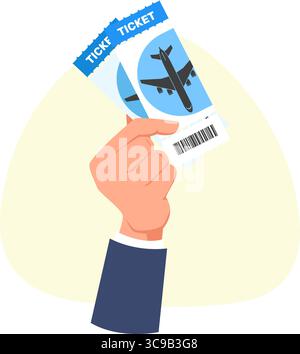 Con carta d'imbarco o biglietto aereo in mano. Mano che mostra le etichette di ingresso. Buoni per l'aereo di arrivo dei passeggeri. Carta di ammissione aeroporto con codice a barre di controllo. HU Illustrazione Vettoriale