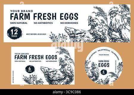 Set di etichette vettoriali circolari e rettangolari di uova fresche di allevamento di pollo. Illustrazione dello schizzo di galline, gallo e grano. Elementi di design per alimenti biologici pa Illustrazione Vettoriale