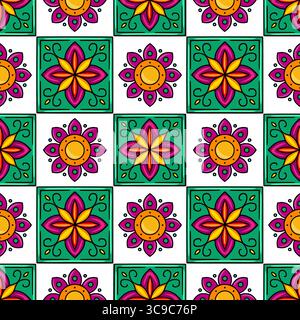 Vivace motivo senza cuciture vettoriale con motivi floreali disegnati a mano in verde acqua, arancione e viola, ideale per il design tessile o Web Illustrazione Vettoriale