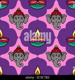Motivo vettoriale senza cuciture caratterizzato da adorabili teste di elefante Ganesha e vivaci diya Diwali, che creano un design indiano festoso e gioioso. Illustrazione Vettoriale