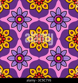 Motivo vettoriale senza cuciture con vivaci fiori stilizzati in viola, rosa, giallo e rosso, caratterizzato da una miscela unica di motivi geometrici e floreali, ideale Illustrazione Vettoriale