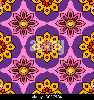 Vivace motivo Vector senza cuciture con motivi Mandala floreali intrecciati in tonalità rosa, viola e giallo, ideale per sfondi e tessuti festivi. Illustrazione Vettoriale