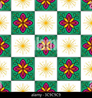 Motivo vettoriale senza cuciture con vivaci elementi floreali color oro e color ottanio, con raffiche di sole stilizzate e intricati design a piastrelle quadrate, perfetto per textil Illustrazione Vettoriale