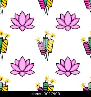 Motivo vettoriale senza cuciture per le feste con fiori di loto rosa e firecrackers colorati, ideale per i disegni Diwali o Indian Holiday. Illustrazione Vettoriale