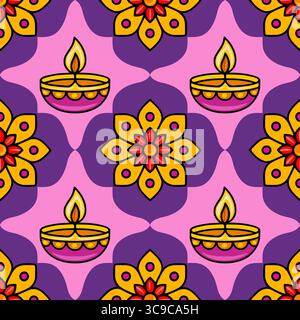 Motivo festivo Diwali Vector senza cuciture vivace sfondo rosa e viola con fiori Mandala gialli e diya illuminati. Illustrazione Vettoriale