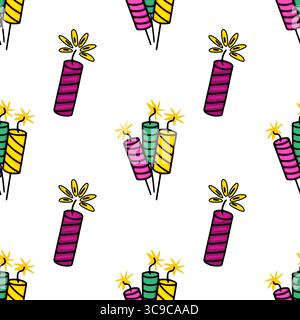 Motivo vettoriale senza cuciture con firecacker colorati disegnati a mano e scintille, perfetto per sfondi e stampe natalizie. Illustrazione Vettoriale