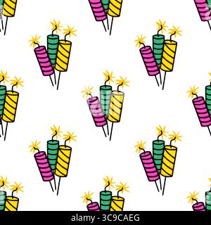 Fantasia vettoriale senza cuciture di firecacker colorati disegnati a mano con scintille luminose, perfetti per feste e feste. Illustrazione Vettoriale