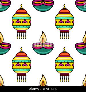Motivo Diwali Vector senza cuciture, caratterizzato da lanterne gialle vibranti e diya color tè con fiamme scintillanti, per creare un de allegro e celebrativo Illustrazione Vettoriale