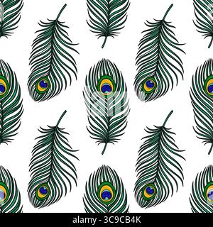 Motivo vettoriale senza cuciture di piume pavone stilizzate con vivaci tonalità verde e blu, perfetto per stampe tessili, sfondi e design alla moda. Illustrazione Vettoriale
