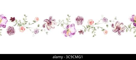 Bordo floreale orizzontale senza cuciture con peonie rosa e lilla. Disposizione dei fiori di acquerello per la stampa, striscioni, carta da parati, cancelleria, modello, poll Foto Stock