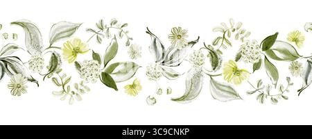Bordo orizzontale dell'acquerello senza cuciture con fiori selvatici e foglie verdi. Ideale per inviti, cancelleria, cornici, biglietti d'auguri, striscioni, e pr Foto Stock