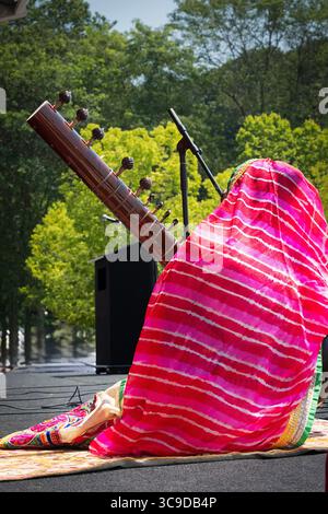 Una foto generica di una donna indù che gioca il sitar. Indossa un sari e spara da dietro. Al Festival Heritage of India di Westchester, NY. Foto Stock